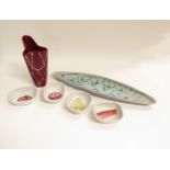 Large studio pottery fish dish with hand painted design, 50cm x 12cm, a burgundy 1950's abstract