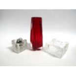 A Whitefriars ruby glass lobed vase with bubble inclusions and encased in clear, 19.5cm, a