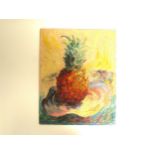 ROWLANDS - unframed oil on board. Picture of a pineapple with liberal use of pallet knife. signed