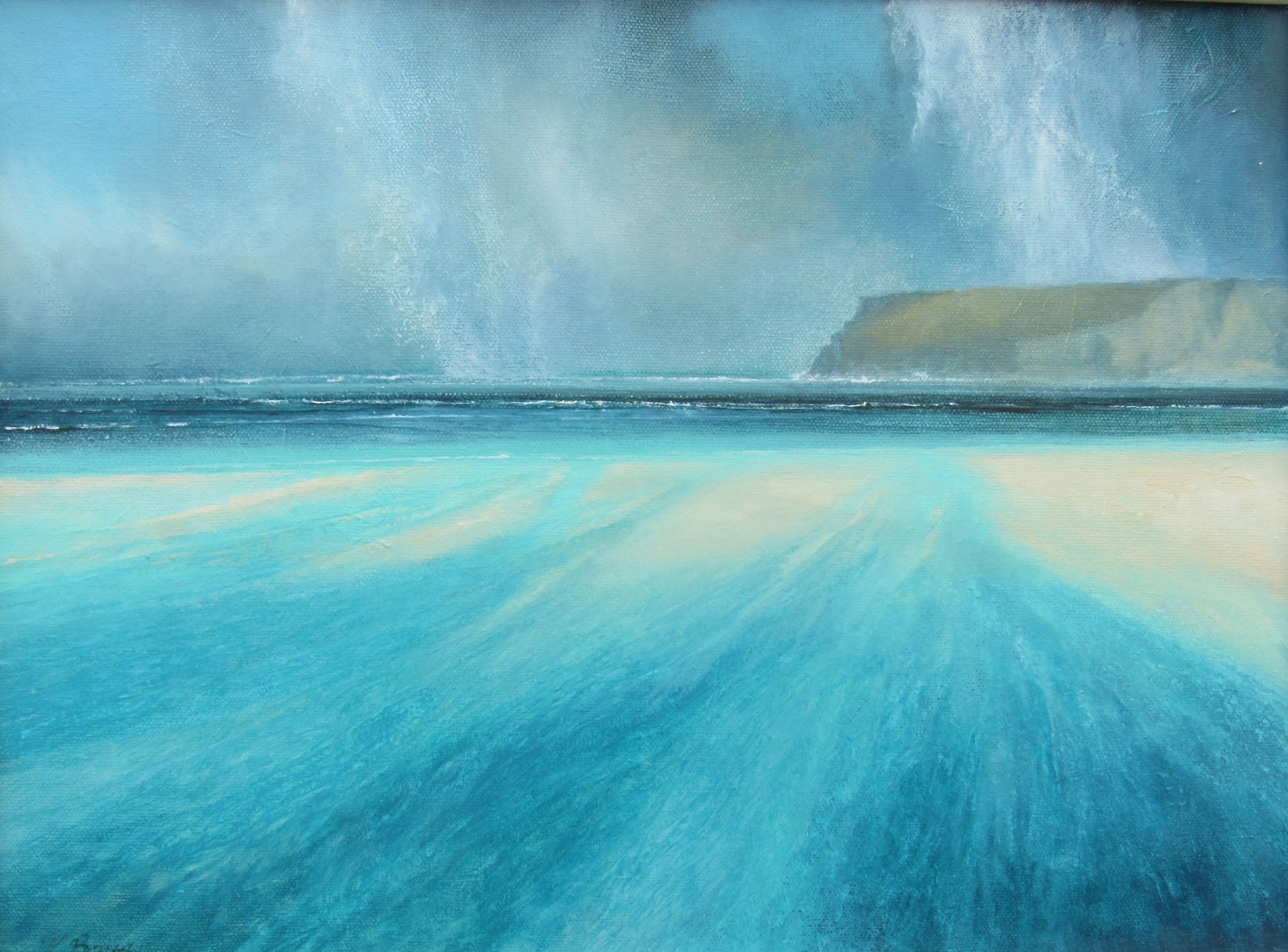 KEN BRUCE B.A. (XX Cornish artist): A framed acrylic on canvas "Snow Showers, Trebarwith Strand". - Image 2 of 3