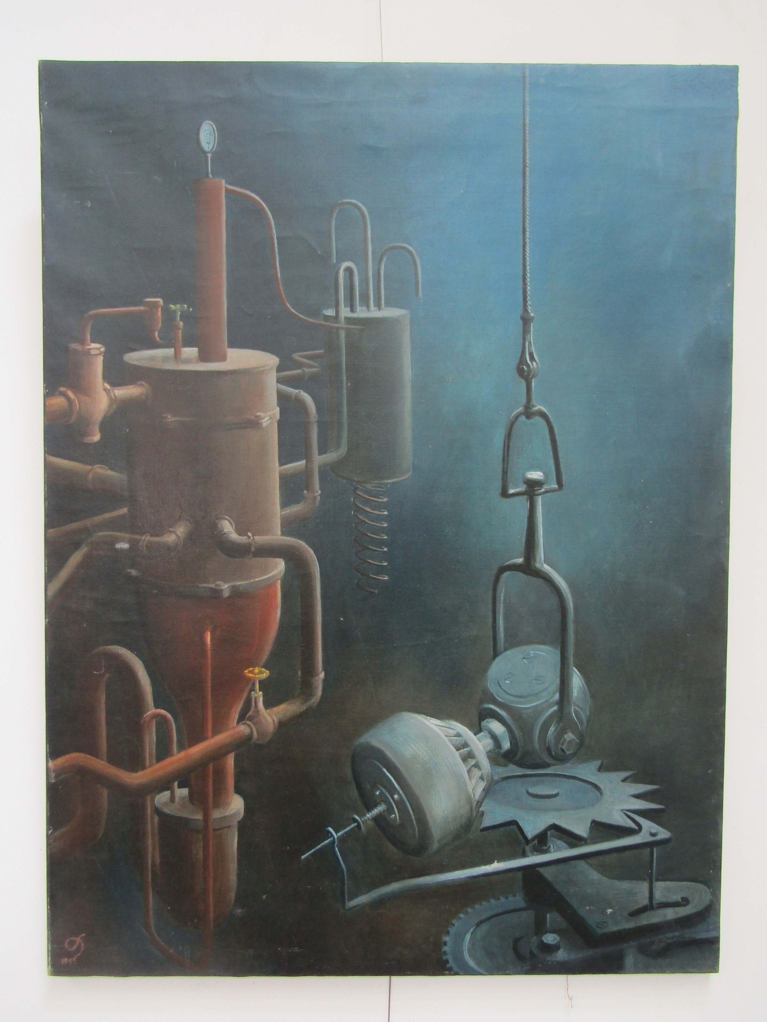 DAVID HILL (1914-1977) (ARR) An unframed oil on canvas depicting image of steam apparatus and - Image 2 of 6