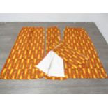 Two pairs of late 1960's/70's curtains in orange and yellow scroll design, each panel approx 64"x