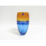 A Stuart Akroyd blue art glass vase, signed to base and with artists sticker to side. 18.5cm high