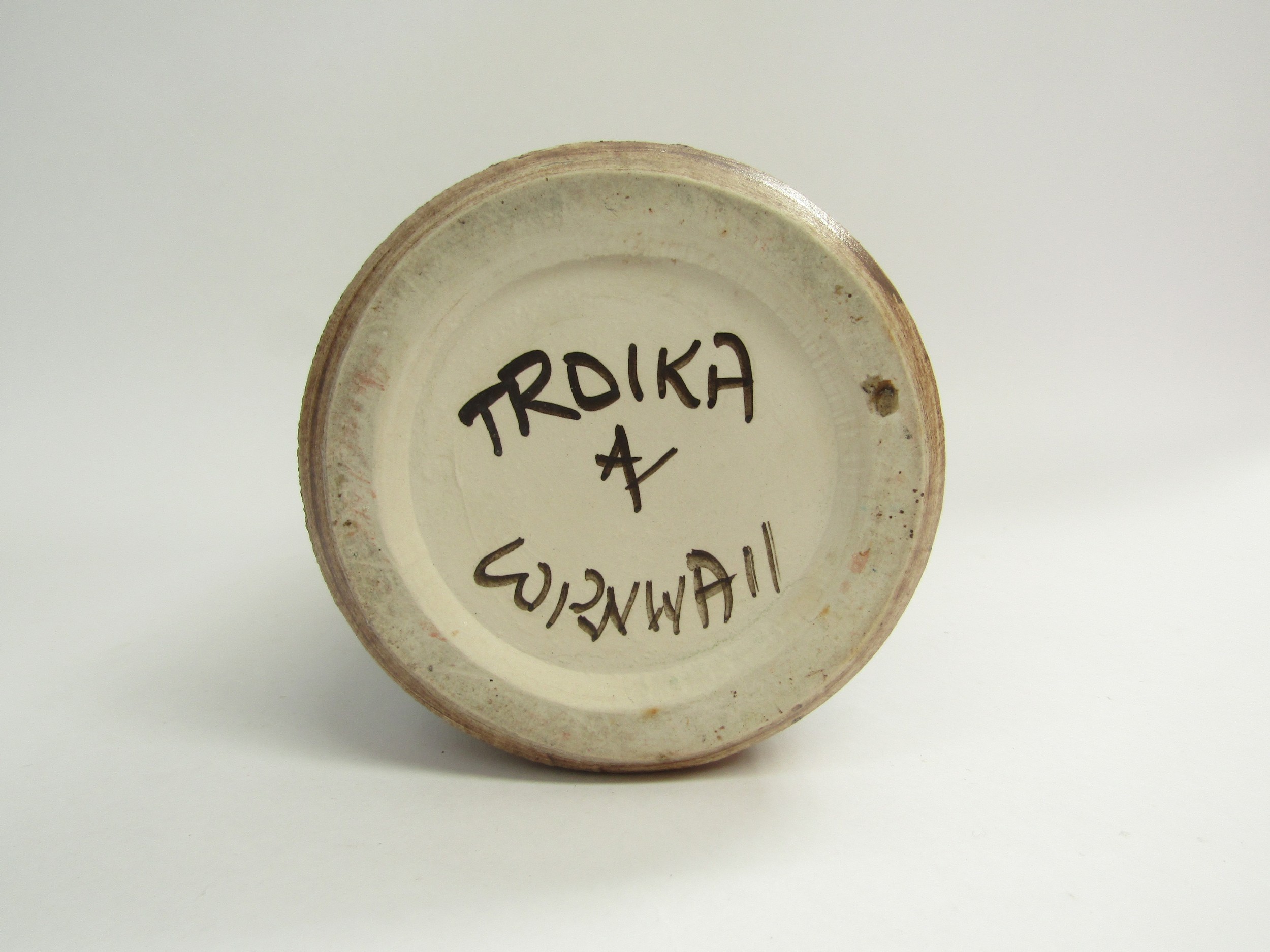 A Troika cylindrical vase with shouldered top, geometric band, painted marks to base. 20cm tall - Image 2 of 2
