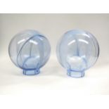 A pair of 1960's Murano hand-blown light shades in blue with white line, globe form. 21cm high x