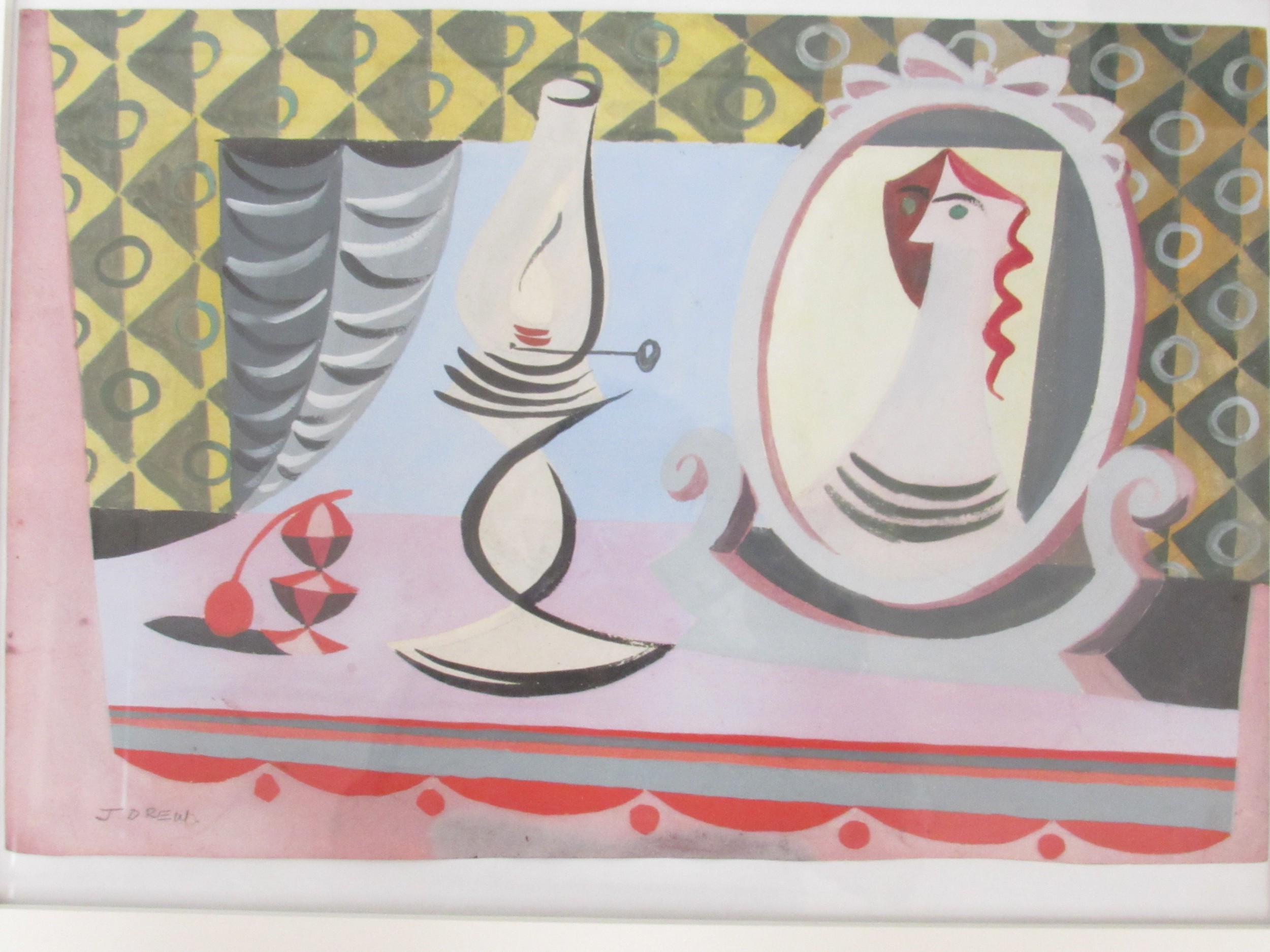 J DREW (XX) An original framed gouache painting on paper of a dressing table, signed bottom left. - Image 2 of 3