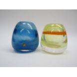 Two Wedgwood Glass studio vases by Ronald Stennett-Willson, one blue swirl, one yellow and orange,
