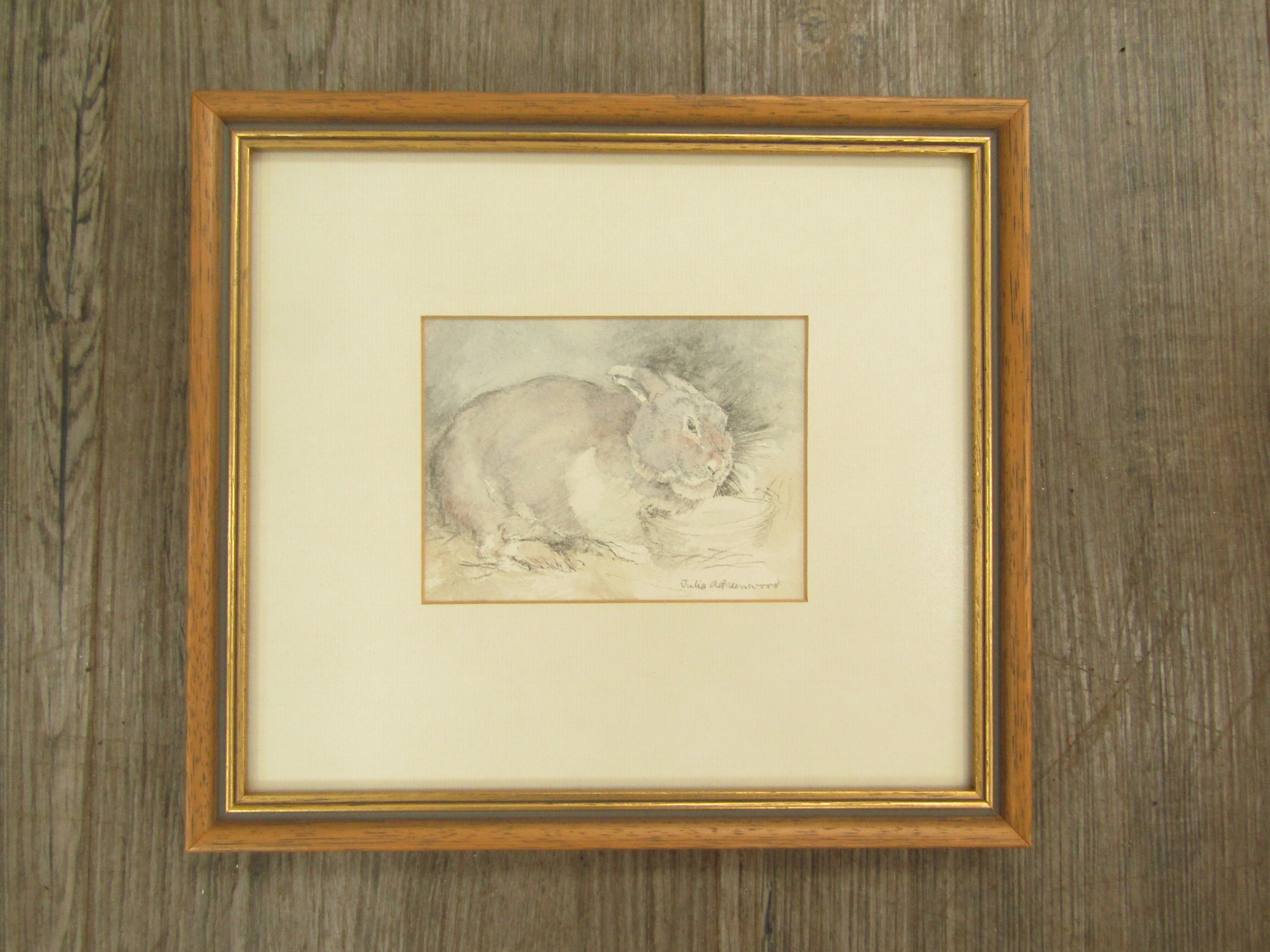 JULIA GREENWOOD (1951-2010) framed and glazed water colour on paper of a rabbit. Artist has exibited