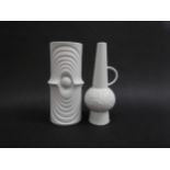 Two KPM West German porcelain vases with white matte and gloss glazes - space age with loop