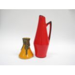 Two West German fat lava vases, Scheurich red glazed with black line 271-22, single handle, 23cm