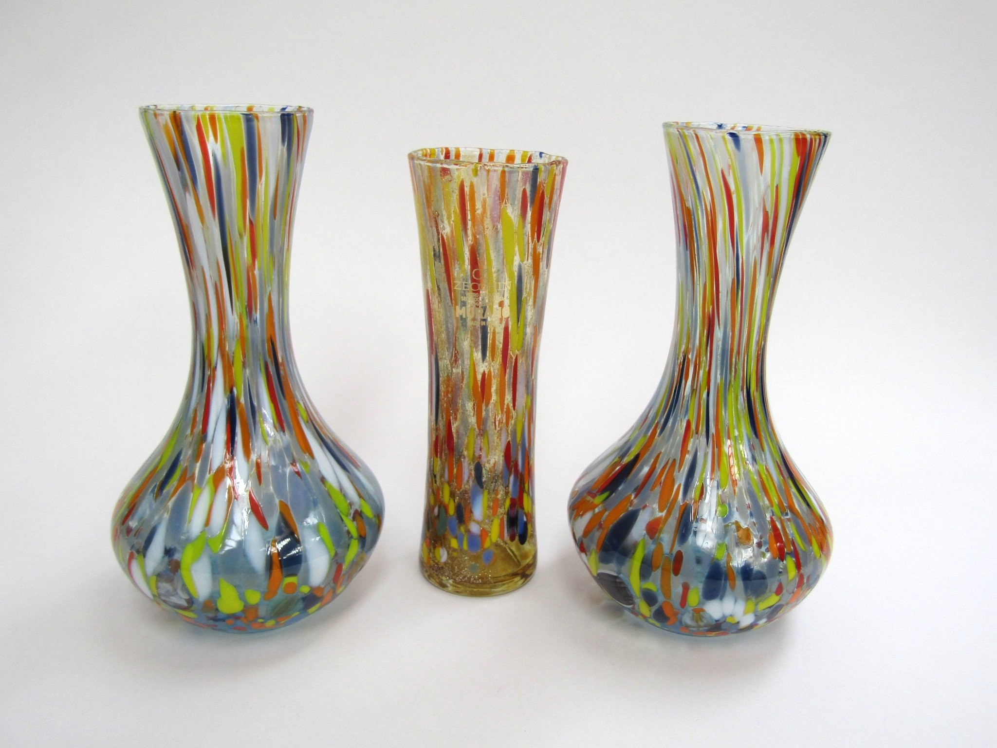 Three Italian glass vases with vertical coloured details. Label to single - CC Zecchin. Pair 20cm