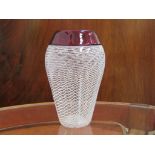 A Mike Hunter Twists Glass 'Willow' vase, clear with white internal line detail, cranberry collar,