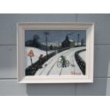 JAMES DOWNIE (b.1949) A framed original oil on canvas, figures on a snowy road, signed lower right