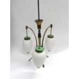 A mid 20th Century Italian Stilnovo chandelier in green with three white glass shades
