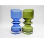 Two Riihimaki Finnish Glass vases by Tamara Aladin in blue and olive green, 20cm high