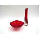 Two pieces of Whitefriars, candy dish and Tricorn vase, both in Ruby colourway, tallest 23.5cm