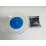 A large blue and clear art glass bowl, 32cm diameter and a multi coloured art glass ashtray, 18cm