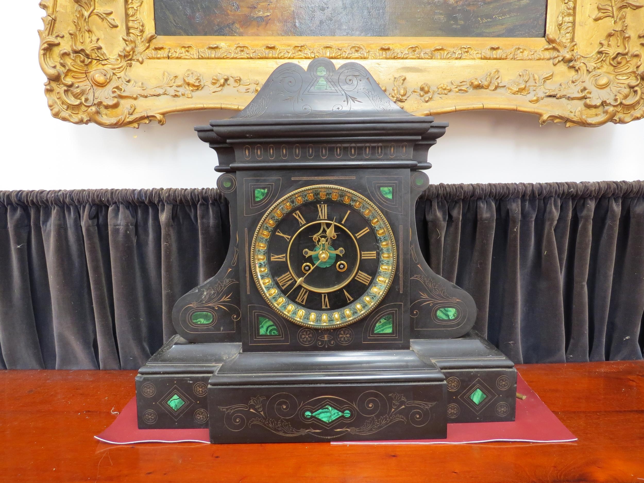An Impressive late 19th / early 20th Century black Belgium marble mounted clock of architectural