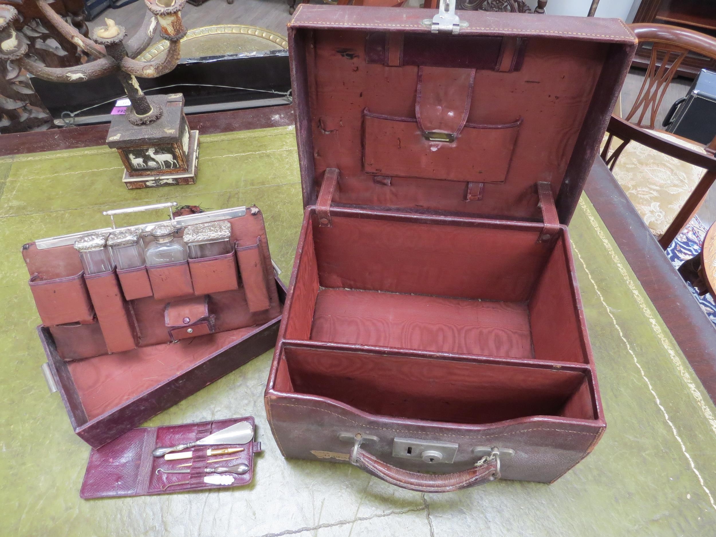A gentleman's red leather vanity case with part contents including three silver lidded containers by - Image 2 of 5