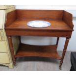 Circa 1850 mahogany washstand, the three quarter raised back and blue/white 'Spode' bowl over turned