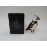 A Royal Crown Derby paperweight 'Puffin', silver stopper, boxed, 12cm tall
