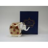 A Royal Crown Derby paperweight 'Elephant', silver stopper, boxed, 10cm tall