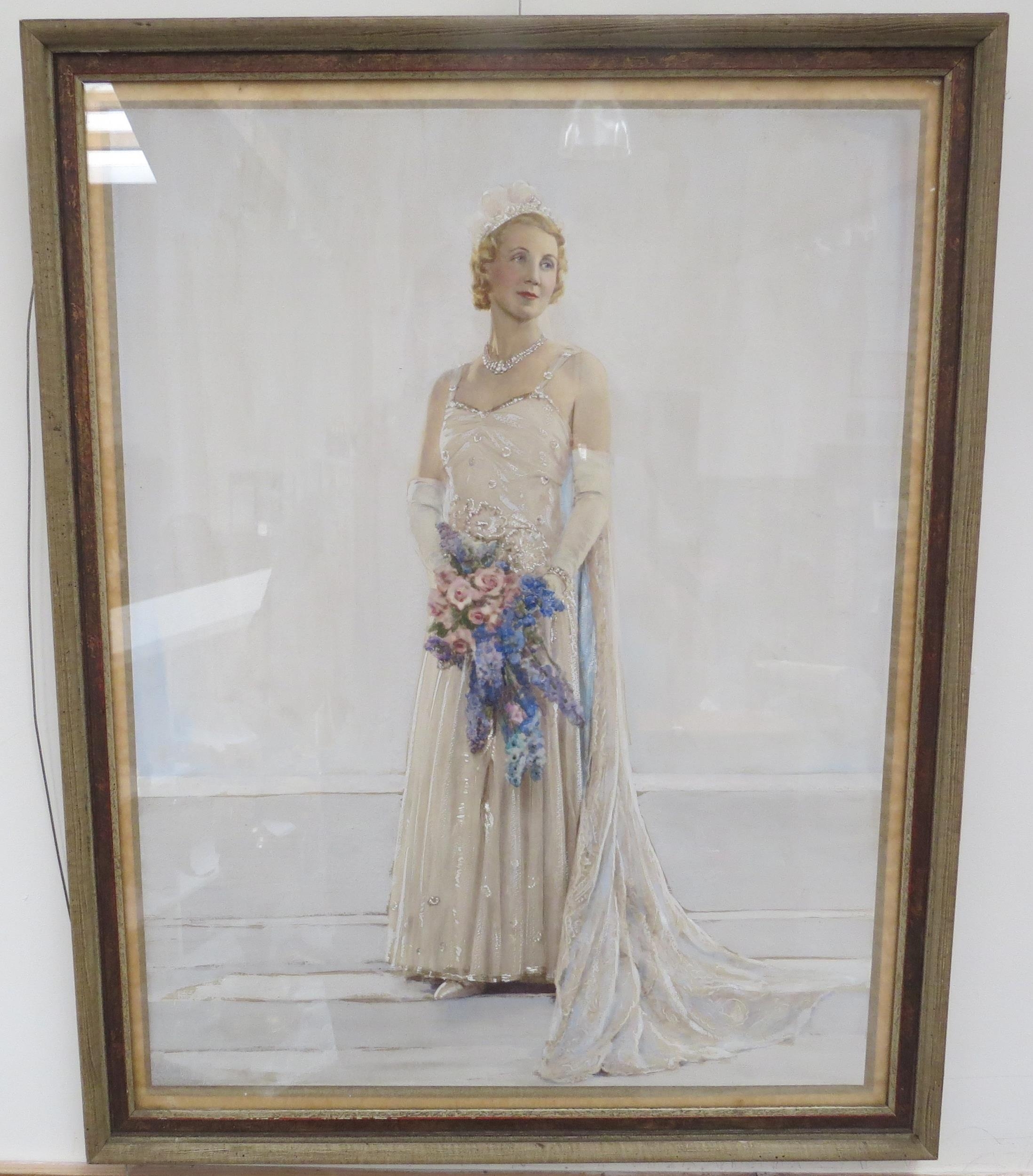 LADY HARROD: Early to Mid 20th Century watercolour depicting bride to be, unsigned, 50cm x 38cm