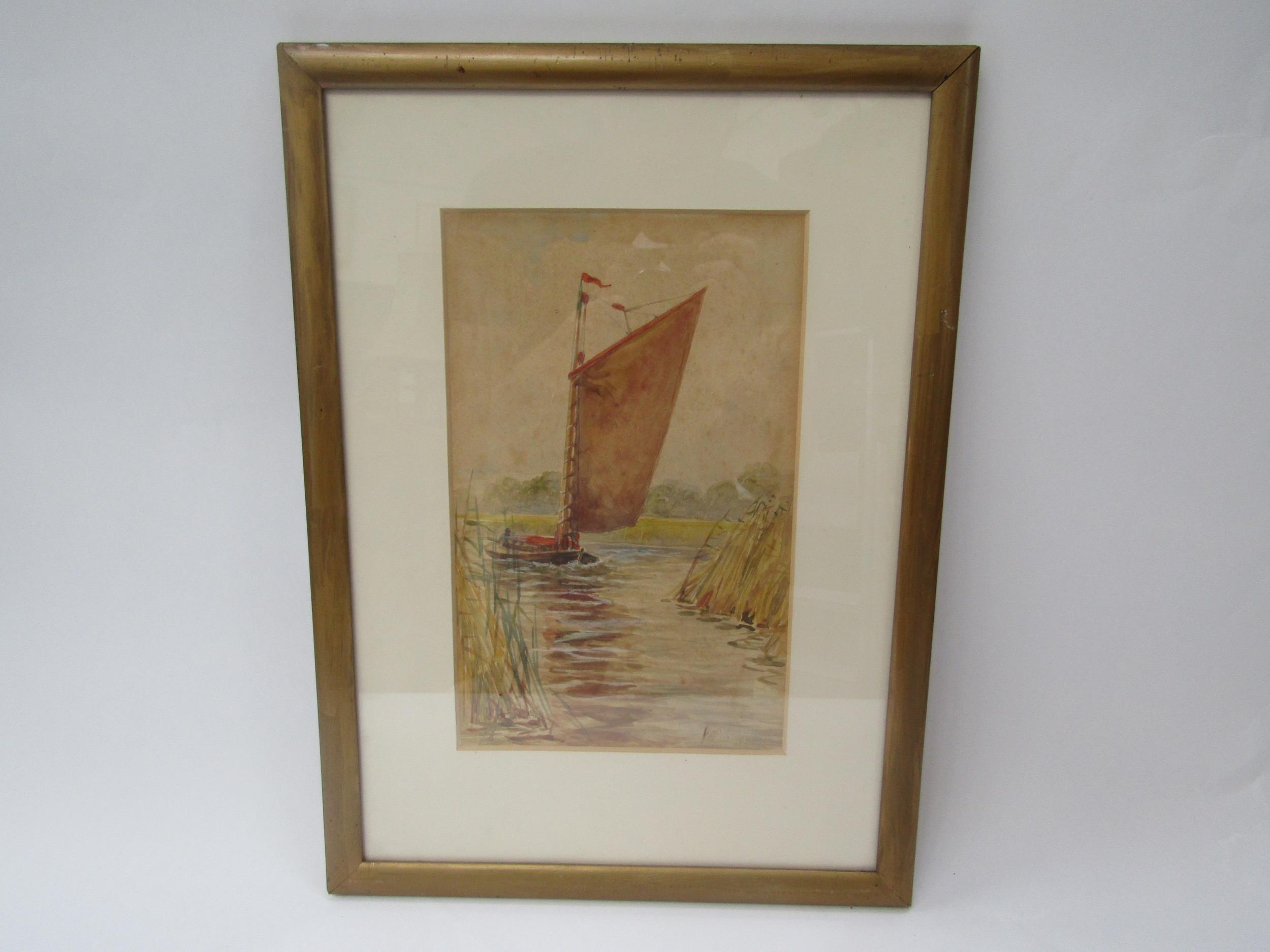 An early 20th Century watercolour depicting wherry boat sailing on the Broads, indistinctly