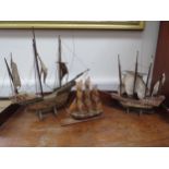 Three handcrafted models of sailing ships including Galleon and one made by Jay Warren Bounty Crafts