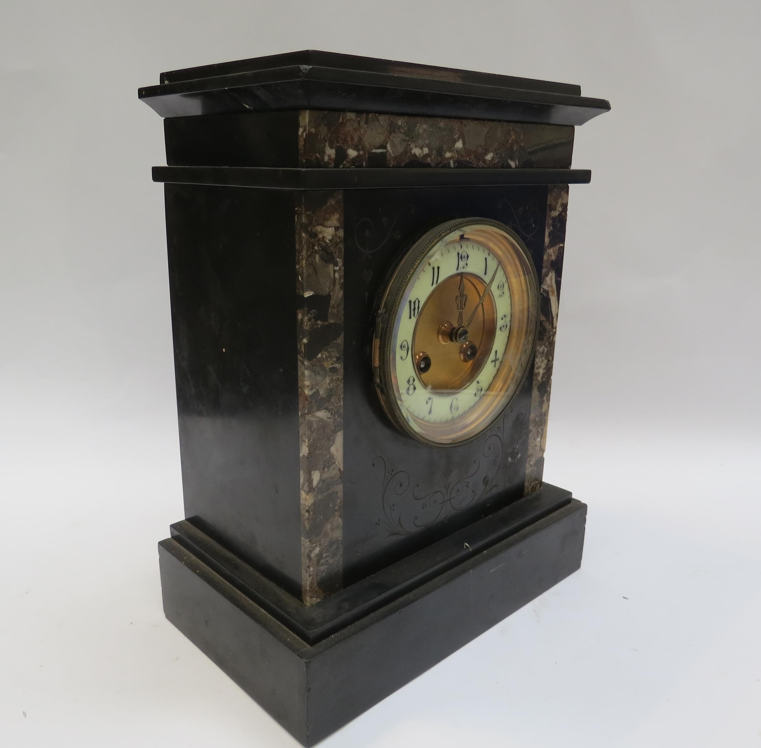 A twin train slate and marble mantel clock numerated chaptering with key, 32cm tall - Image 2 of 2
