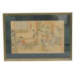Two mid-20th Century Japanese paintings, one depicting females in interior setting reading and