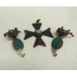 Marked 925 hand made in Greece large pendant cross and a pair of Eastern drop earrings