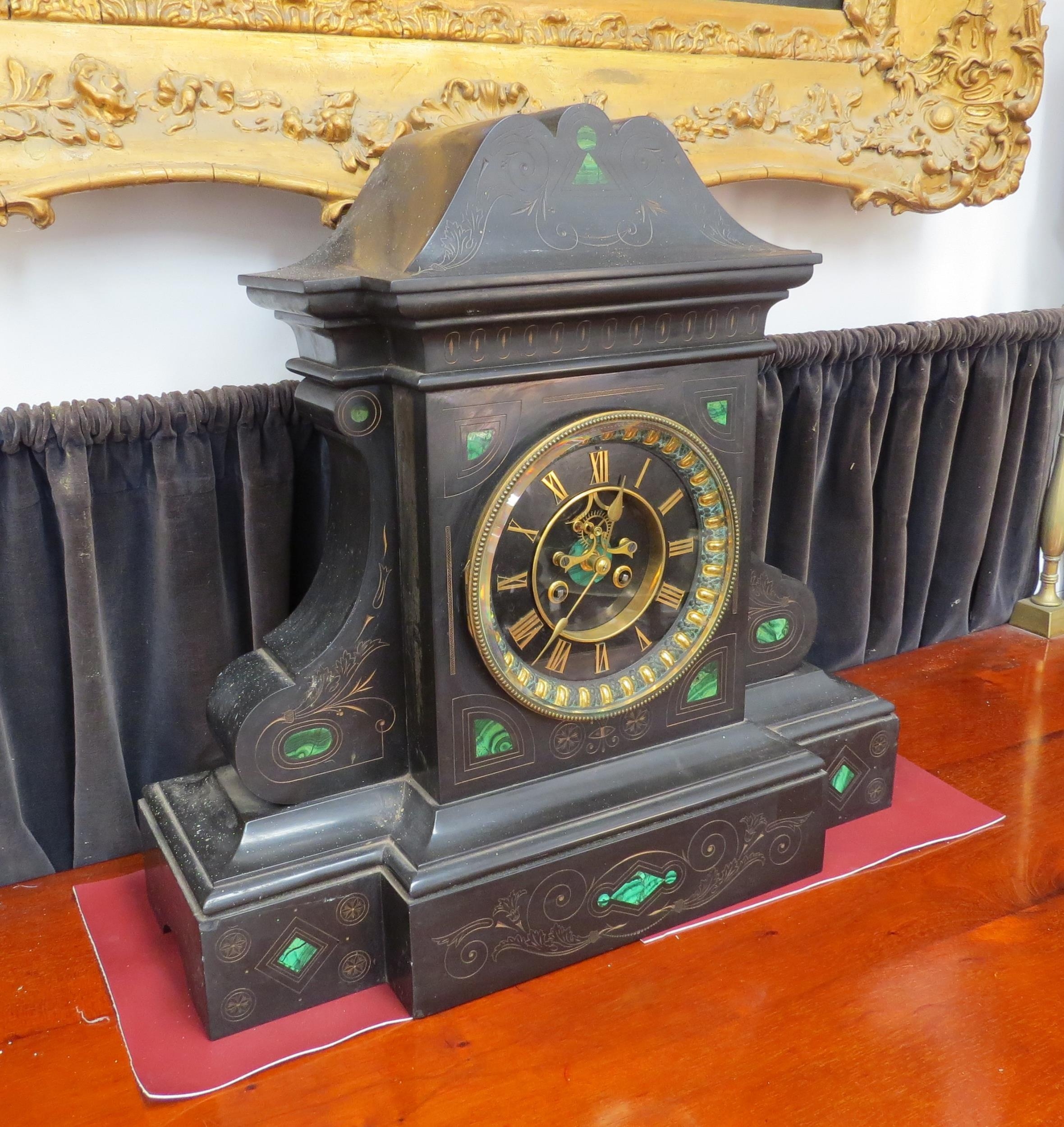 An Impressive late 19th / early 20th Century black Belgium marble mounted clock of architectural - Image 2 of 5