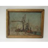 ROBERT LANGLEY HUTTON (1883-1919): Steam ship being loaded at docks, oil on canvas board. The left