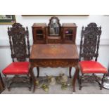 A pair of Victorian oak Jacobean style hall chairs with high backs, red leather studded seats, 128cm