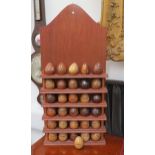 A wall hanging display of named specimen wood eggs, 26 in total