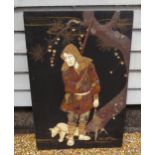 A circa 1900 Japanese lacquered high relief panel depicting huntsman with dog and pheasant,
