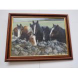 JUDI KENT PRYAH (XX-XXI): An acrylic on board of horses beside fence and stone wall, signed lower-