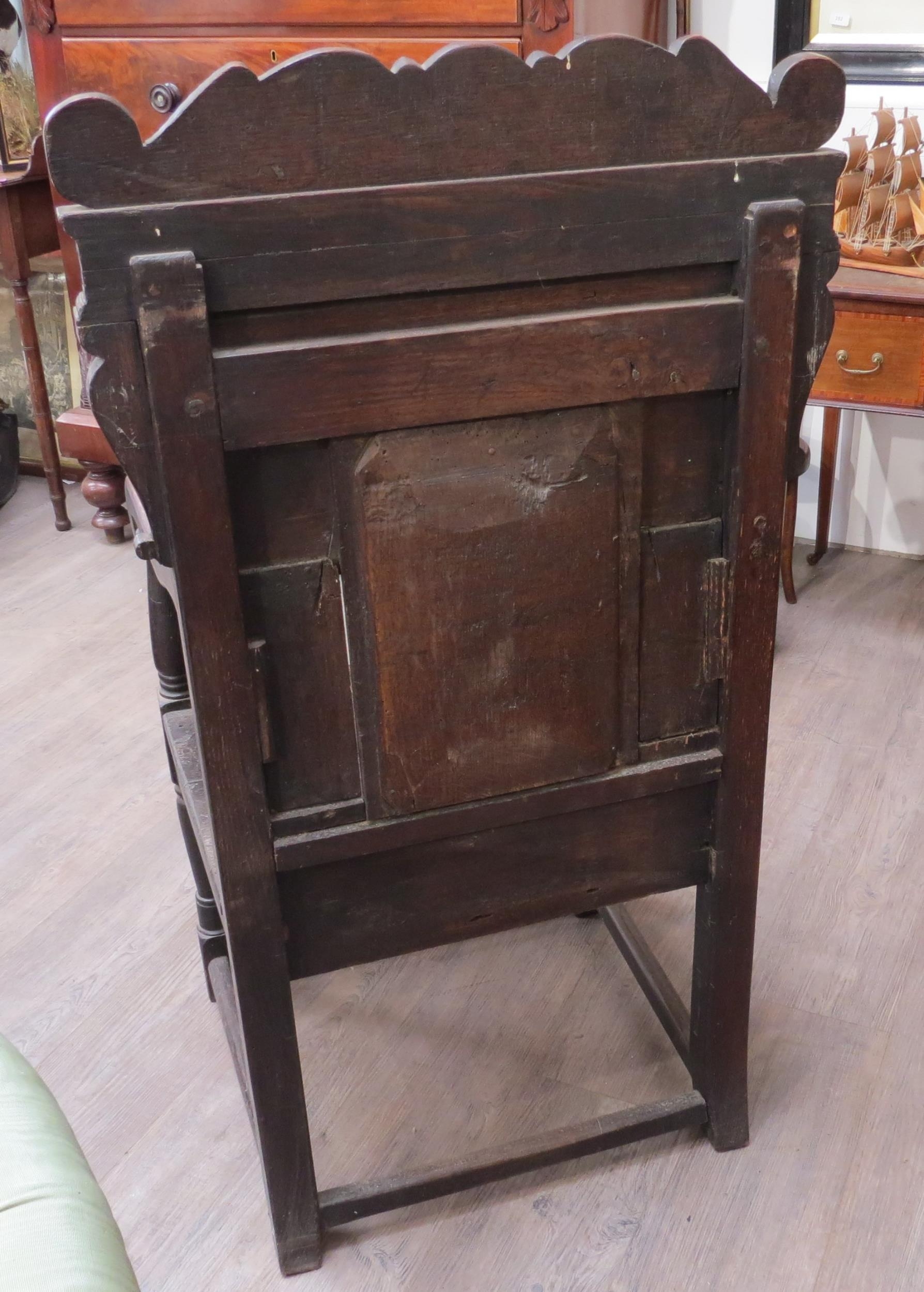 A 17th Century and later Wainscot chair with scroll top and dragon detail, vine, leaf and flower - Image 5 of 5