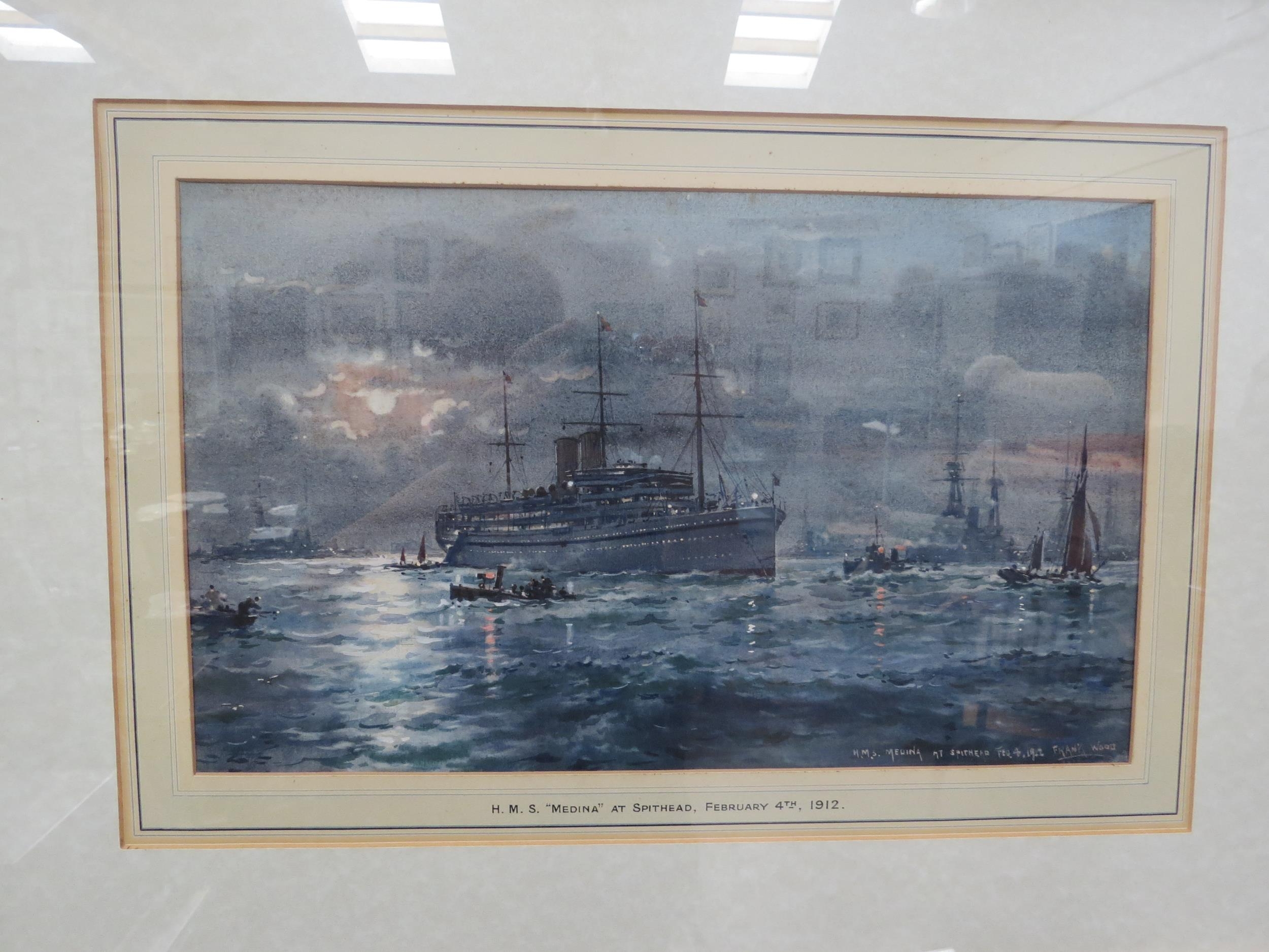 FRANK WATSON WOOD (1852-1953): H.M.S. "Medina" at Spithead February 4th 1912, watercolour, framed - Image 2 of 2