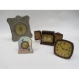 Vintage clocks including embossed fronted, 8-day, Swiss ceramic and French travelling alarm clock