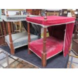 Two 20th Century handcrafted cat beds in the form of four poster beds, blue and red velour