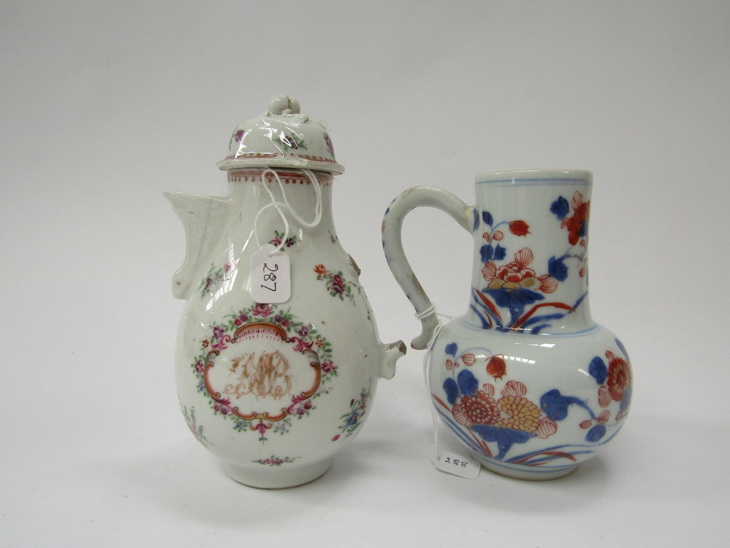 A Chinese covered milk jug/ewer, floral patterns with armorial decoration within cartouche, 2nd - Image 3 of 8