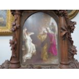 A 19th Century carved hardwood easel-back framed religious porcelain plaque in the form of a