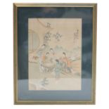A pair of mid-20th Century Japanese figural paintings depicting females in exterior scene with