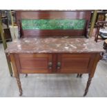 An Edwardian mahogany washstand with marble top, raised Art Nouveau tiled back, 115cm x 107cm x 51.