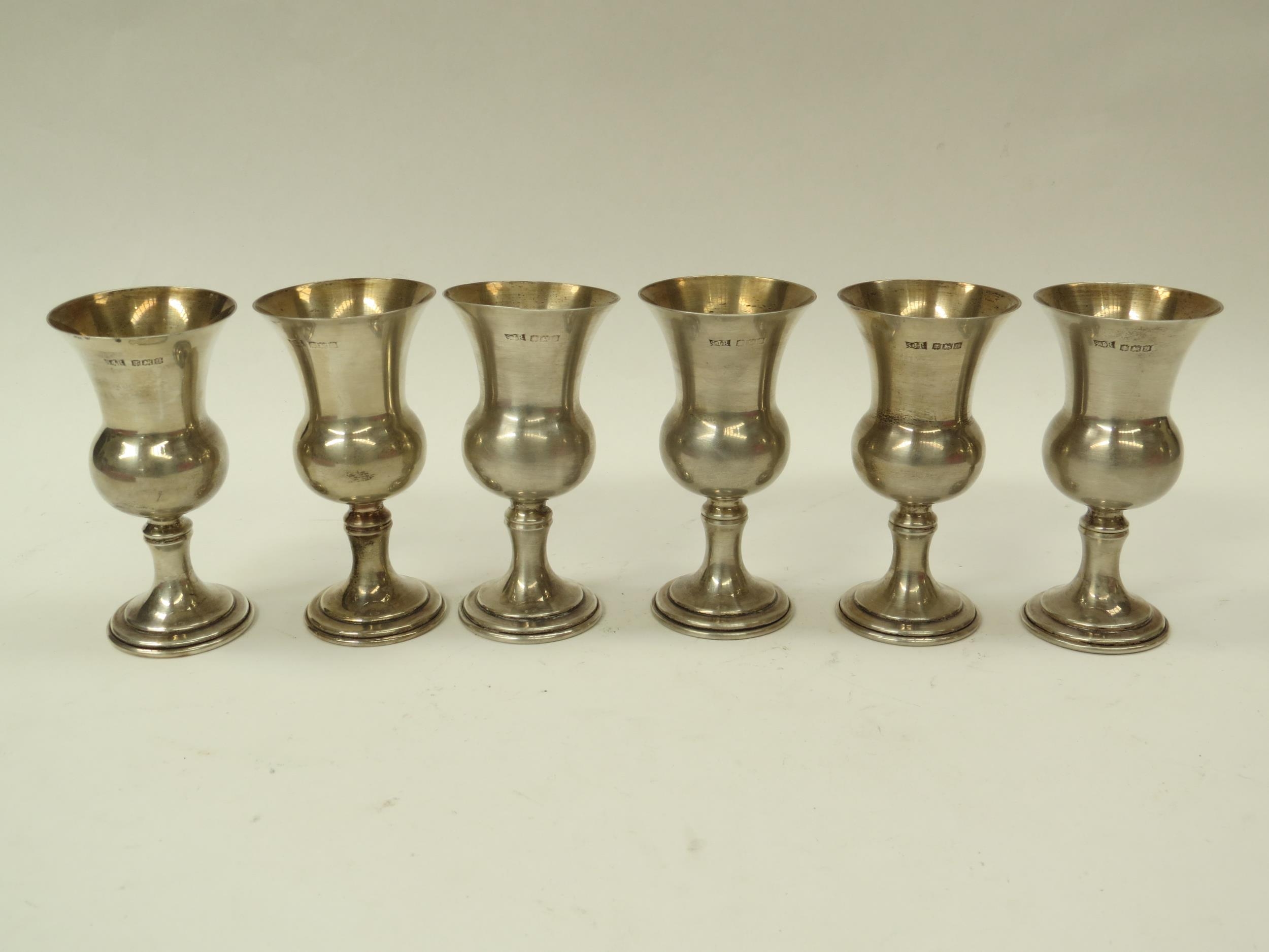 S.J. Rose & Son set of six silver sherry/port goblets, Birmingham 1969 in case, 10cm tall, 346g - Image 2 of 2