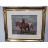 A framed and glazed acrylic on board, working horses and figure, unsigned work. Image size 33.5cm