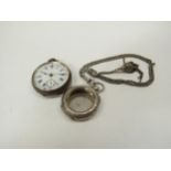A Continental silver fob watch and silver fob watch case with watch chain