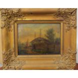 An English School 19th Century oil on wood panel depicting fisherman's hut and boat with tree and